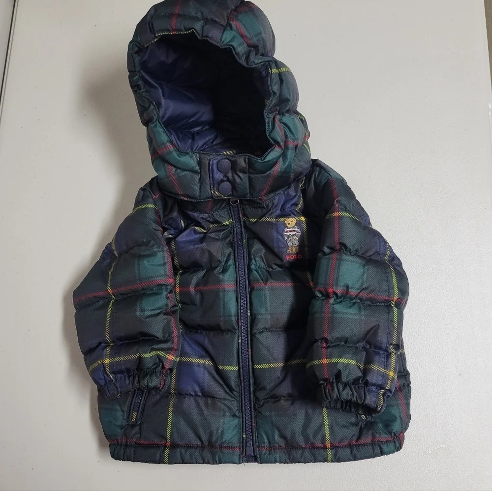 Ralph Lauren Polo Bear Plaid Down Hooded Jacket Baby 9M.
